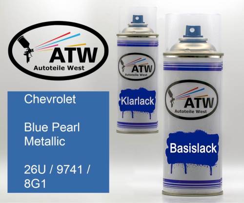 Chevrolet, Blue Pearl Metallic, 26U / 9741 / 8G1: 400ml Sprühdose + 400ml Klarlack - Set, von ATW Autoteile West.